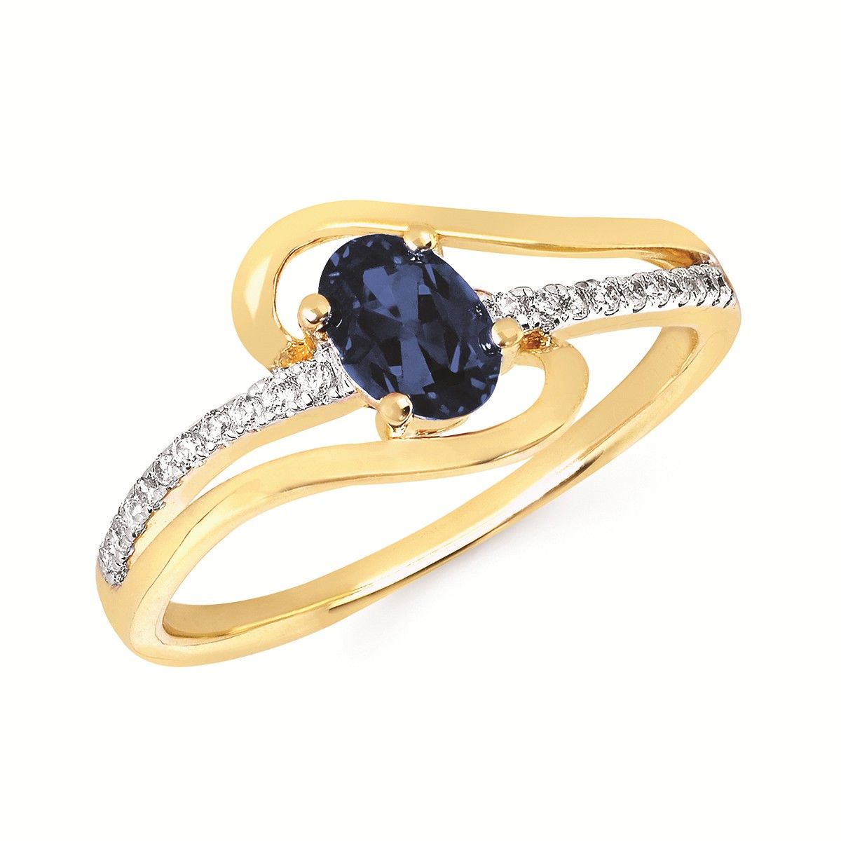 14KT Yellow Gold Oval Sapphire Diamond Accent Row Swirl Ring