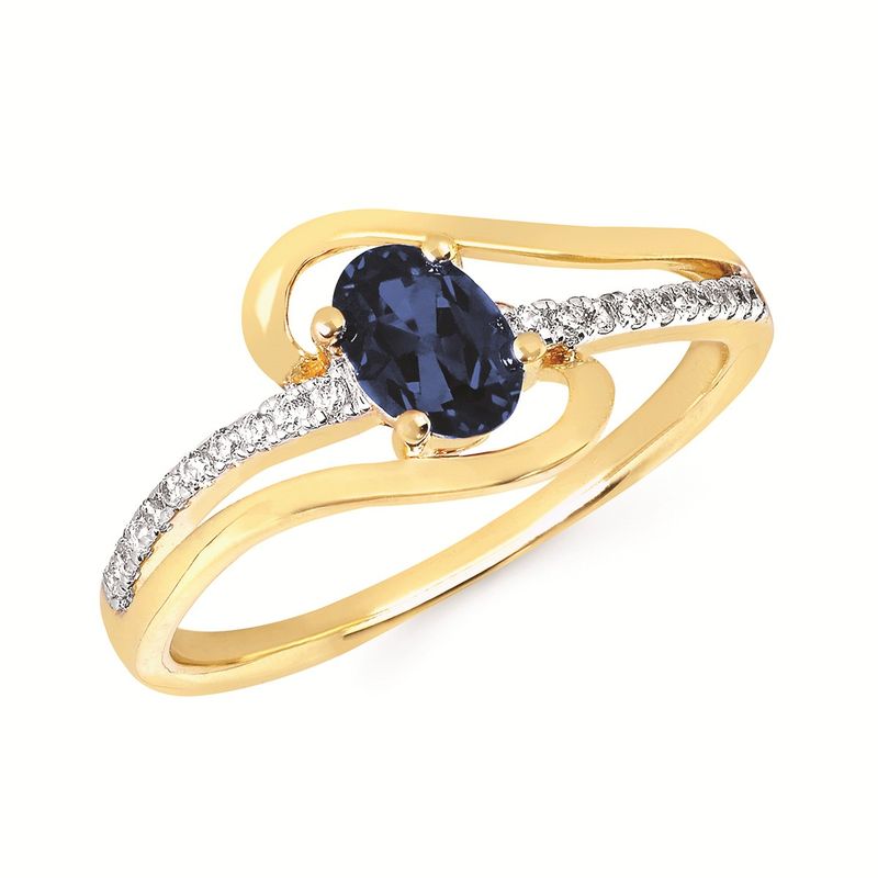 14KT Yellow Gold Oval Sapphire Diamond Accent Row Swirl Ring