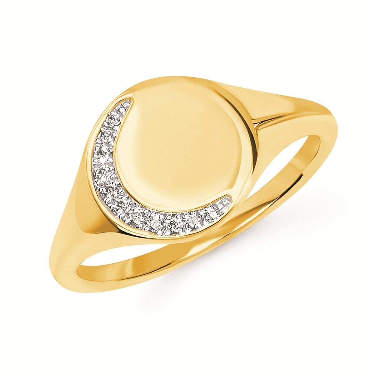 14KT Yellow Gold Eleven Diamond Accent Crescent Moon Signet Ring