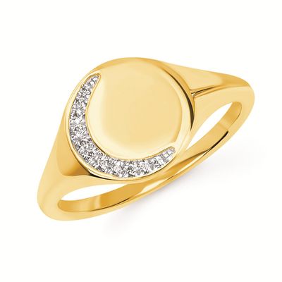 14KT Yellow Gold Eleven Diamond Accent Crescent Moon Signet Ring