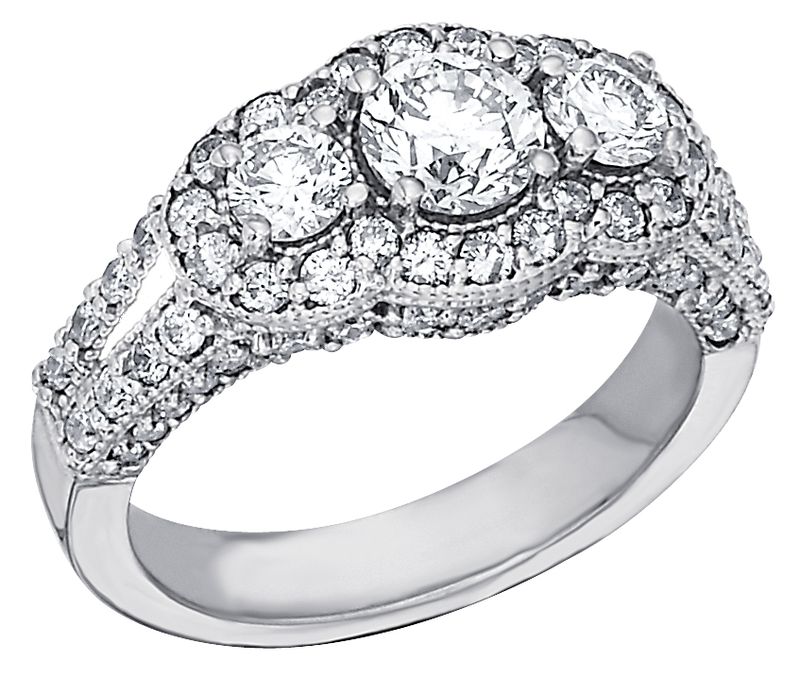 14KT White Gold Triple Round Diamond with Halo Engagement Ring