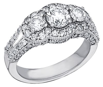 14KT White Gold Triple Round Diamond with Halo Engagement Ring