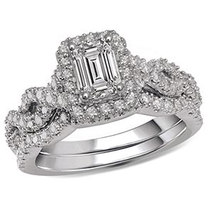 14KT White Gold Emerald-Cut Diamond with Halo Wedding Set