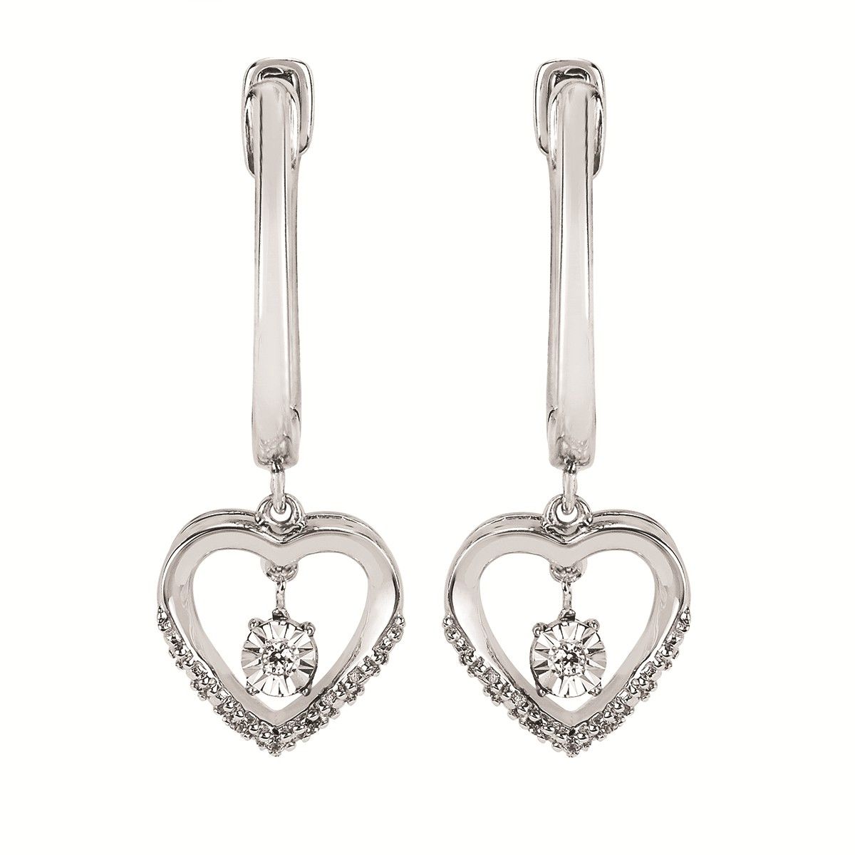Silver Round Diamond Heart Dangle Hoop Earrings