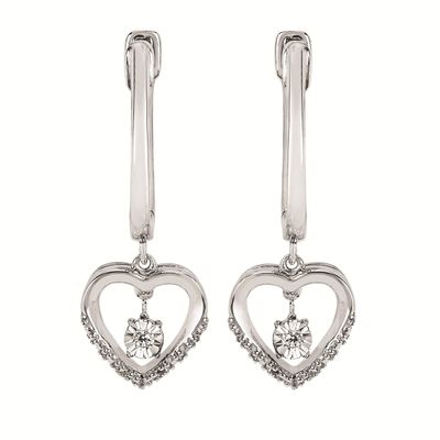 Silver Round Diamond Heart Dangle Hoop Earrings