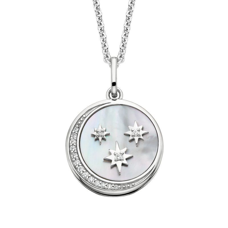 Silver Mother of Pearl and Cubic Zirconia Moon and Stars Necklace