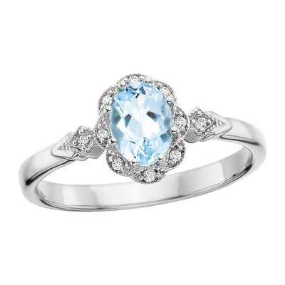 14KT White Gold Oval Aquamarine and Diamond Halo Ring
