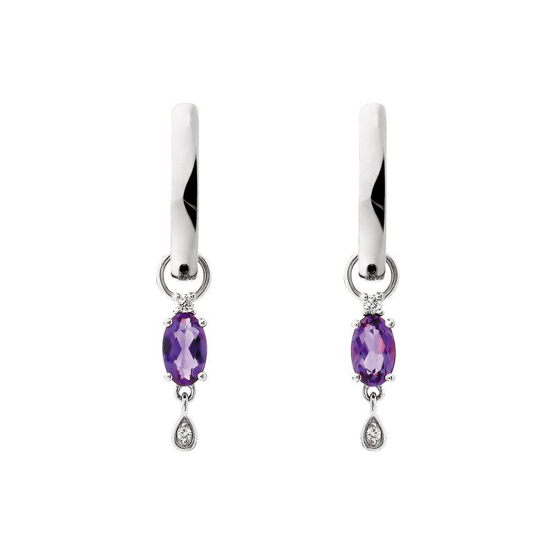 Silver Oval Amethyst and Round White Topaz Drop Hoop Earrings