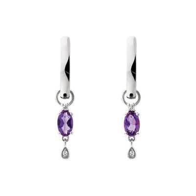 Silver Oval Amethyst and Round White Topaz Drop Hoop Earrings