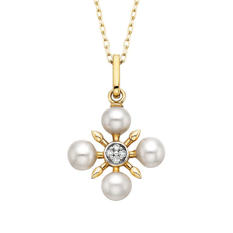 10KT Yellow Gold Four Pearl Clover Diamond Accent Necklace