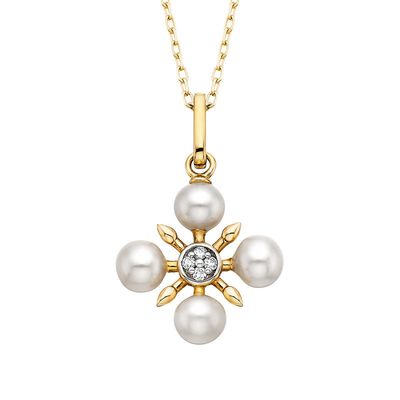 10KT Yellow Gold Four Pearl Clover Diamond Accent Necklace