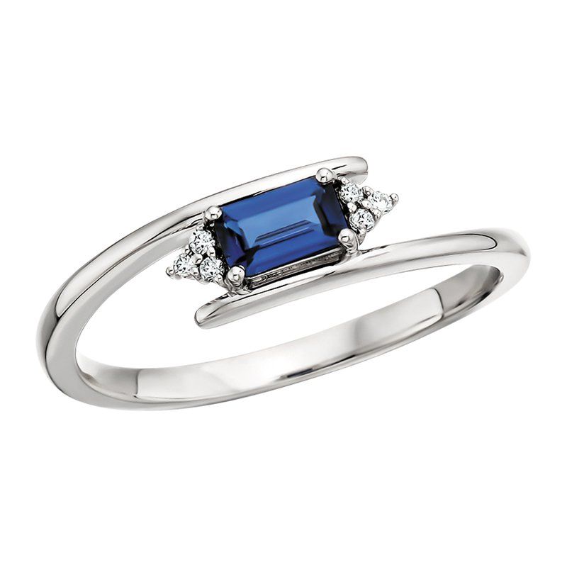 10KT White Gold Emerald-Cut Sapphire Six Diamond Accent Bypass Ring