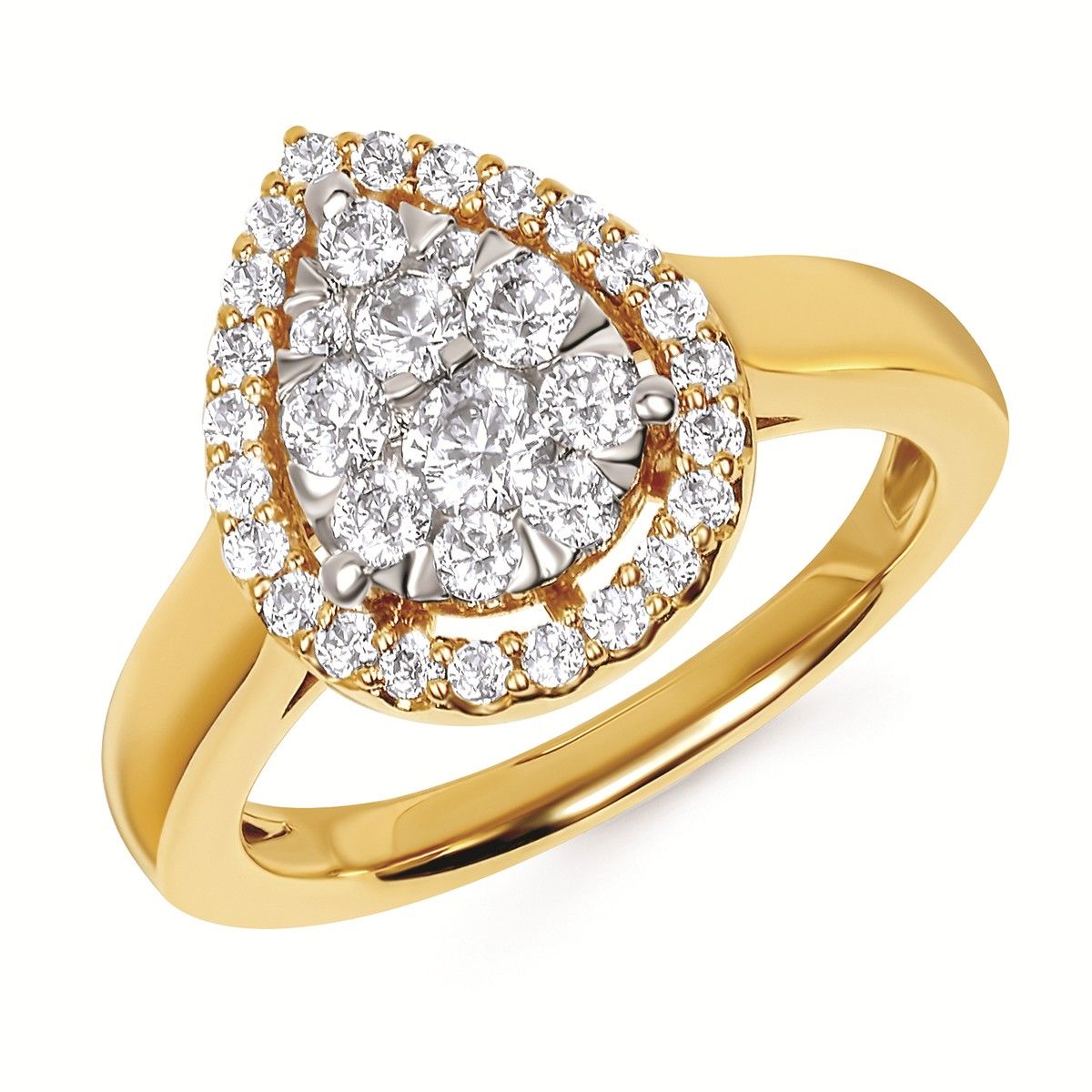 14KT Yellow Gold Round Diamond Pear Cluster Fashion Ring