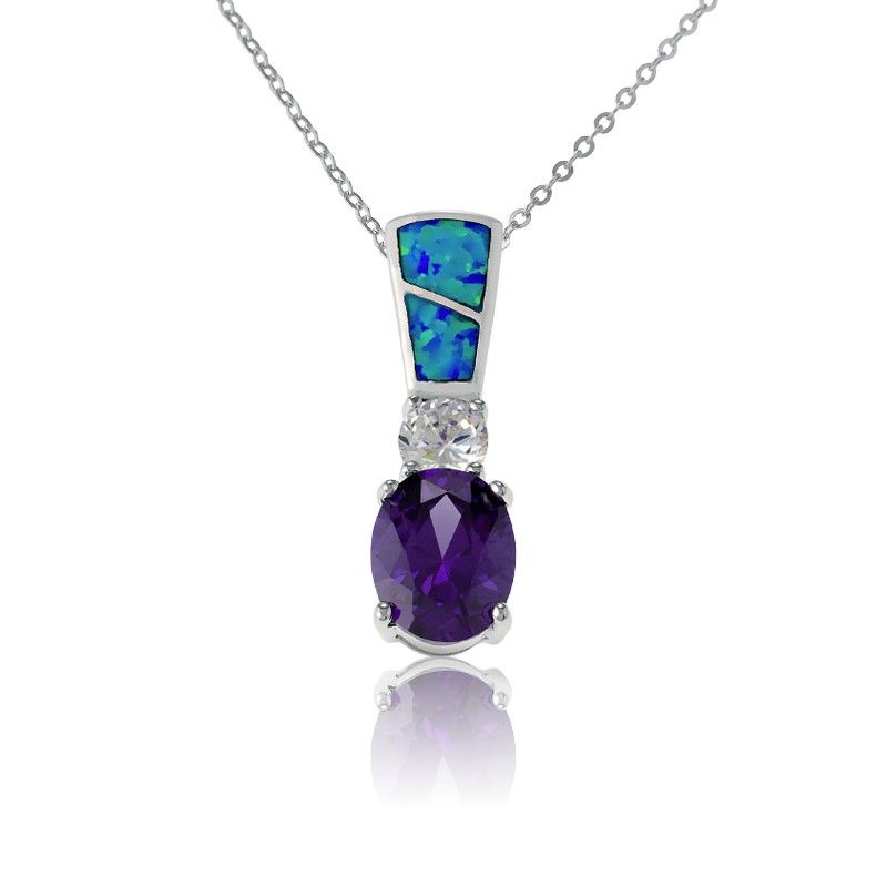 Silver Oval Purple CZ, Round White CZ, and Created Blue Opal Inlay Necklace