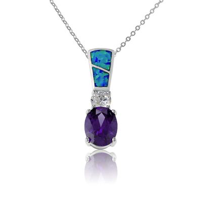 Silver Oval Purple CZ, Round White CZ, and Created Blue Opal Inlay Necklace