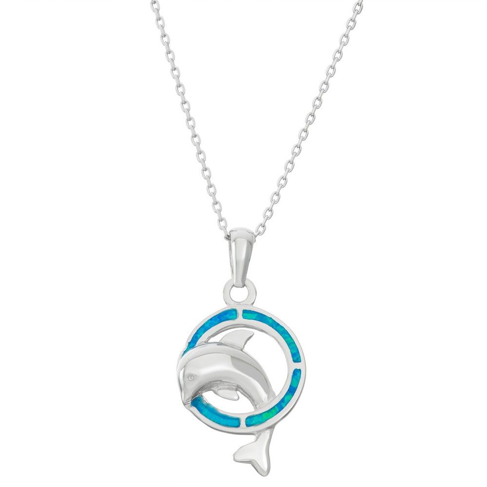 Silver Created Blue Opal Inlay Dolphin Necklace