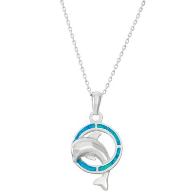Silver Created Blue Opal Inlay Dolphin Necklace