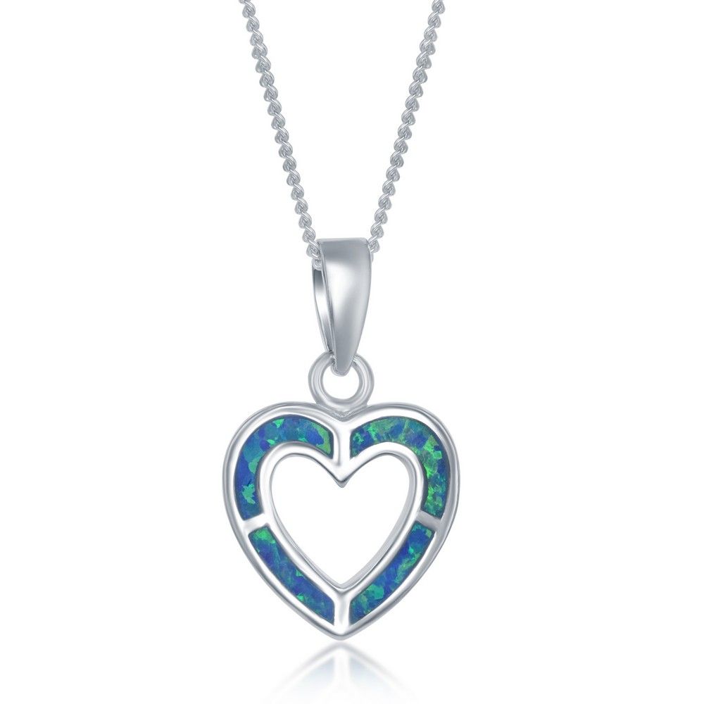 Silver Created Blue Opal Inlay Open Heart Necklace