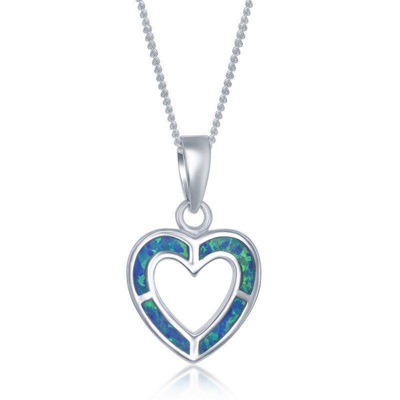 Silver Created Blue Opal Inlay Open Heart Necklace