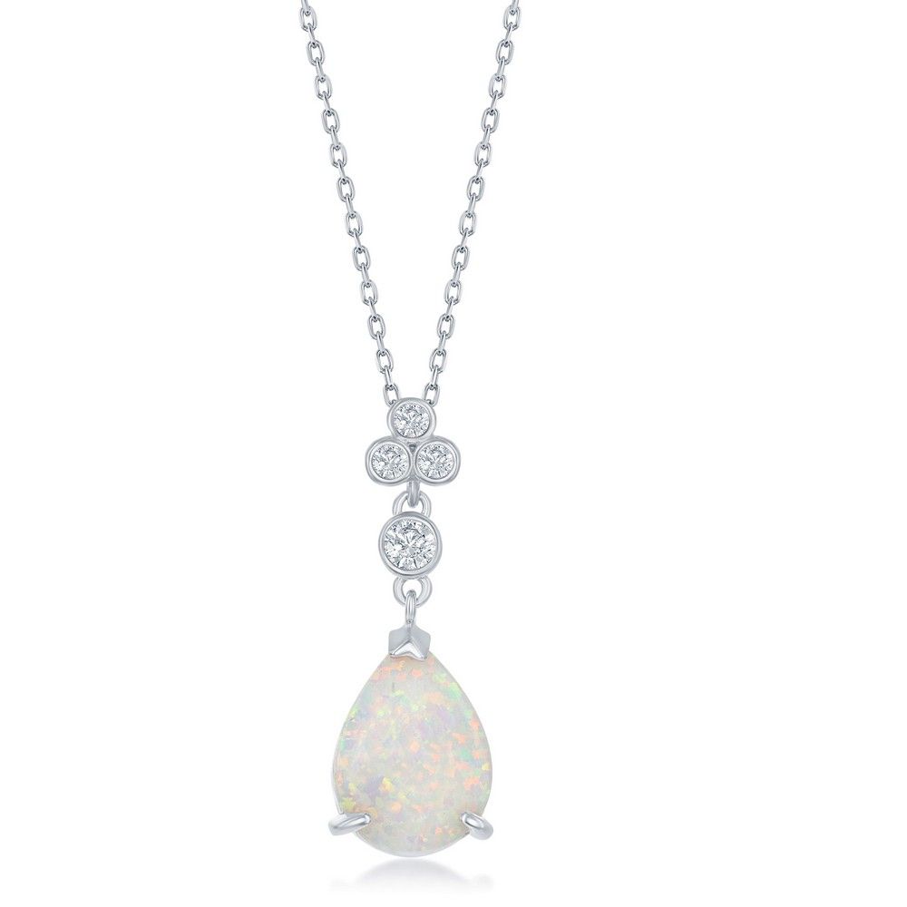 Silver Triple CZ Cluster Pear-Shaped White Inlay Opal Necklace