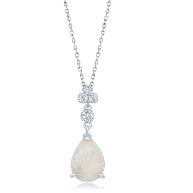 Silver Triple CZ Cluster Pear-Shaped White Inlay Opal Necklace
