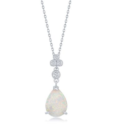 Silver Triple CZ Cluster Pear-Shaped White Inlay Opal Necklace