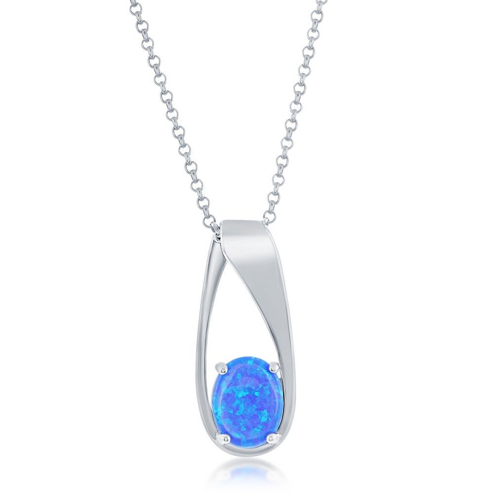 Silver Oval Created Blue Opal Drop Pendant Necklace