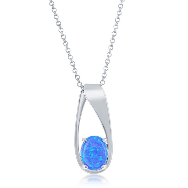 Silver Oval Created Blue Opal Drop Pendant Necklace