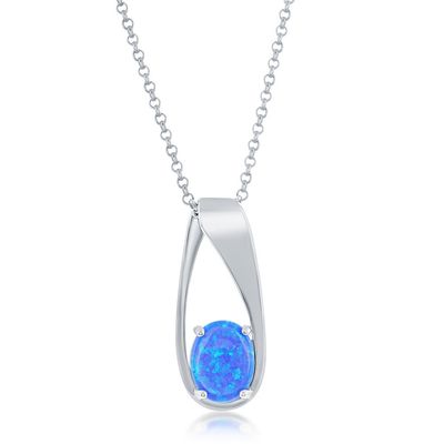 Silver Oval Created Blue Opal Drop Pendant Necklace