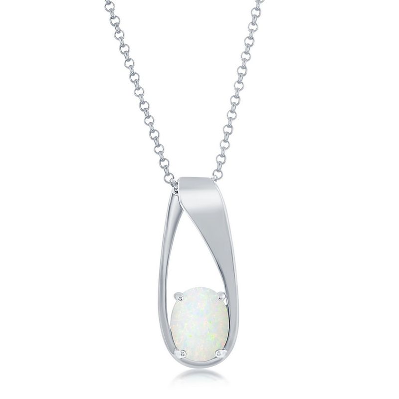 Silver Oval Created White Opal Drop Pendant Necklace