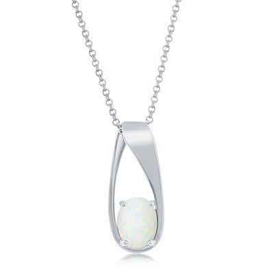 Silver Oval Created White Opal Drop Pendant Necklace