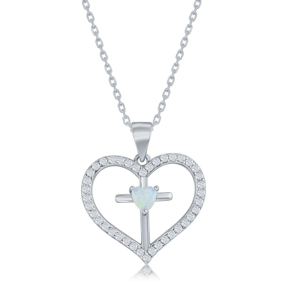 Silver Created White Opal Cross in Cubic Zirconia Heart Necklace