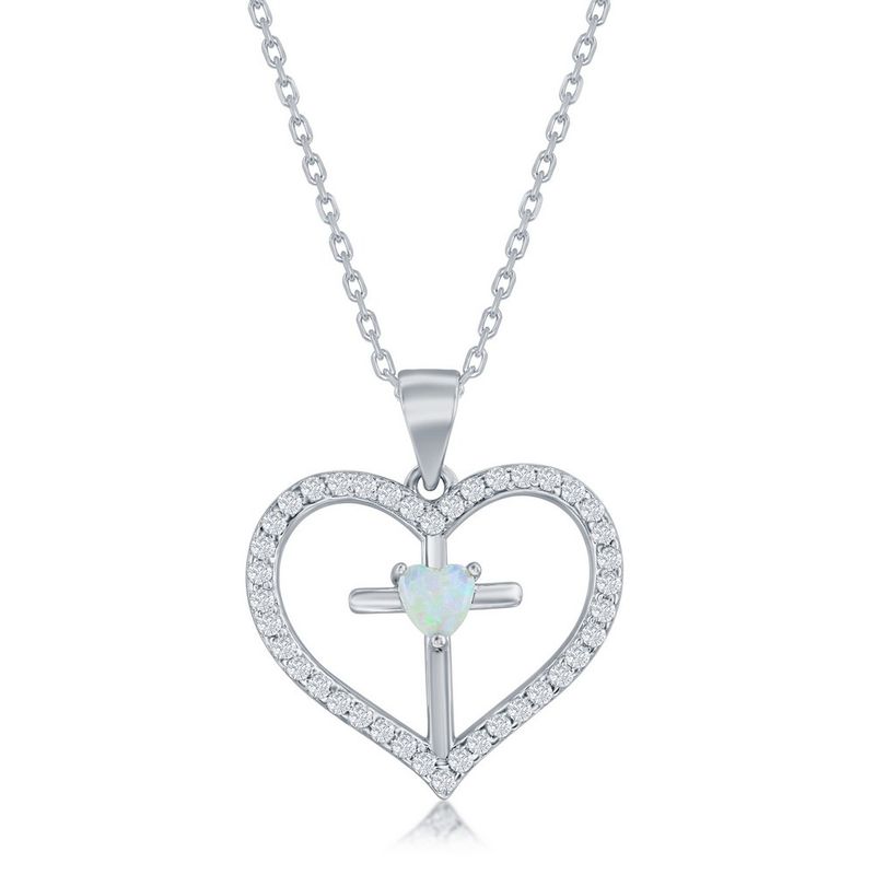 Silver Created White Opal Cross in Cubic Zirconia Heart Necklace