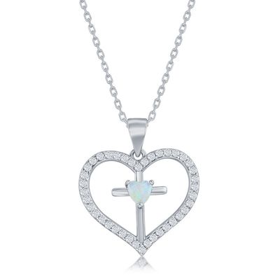 Silver Created White Opal Cross in Cubic Zirconia Heart Necklace