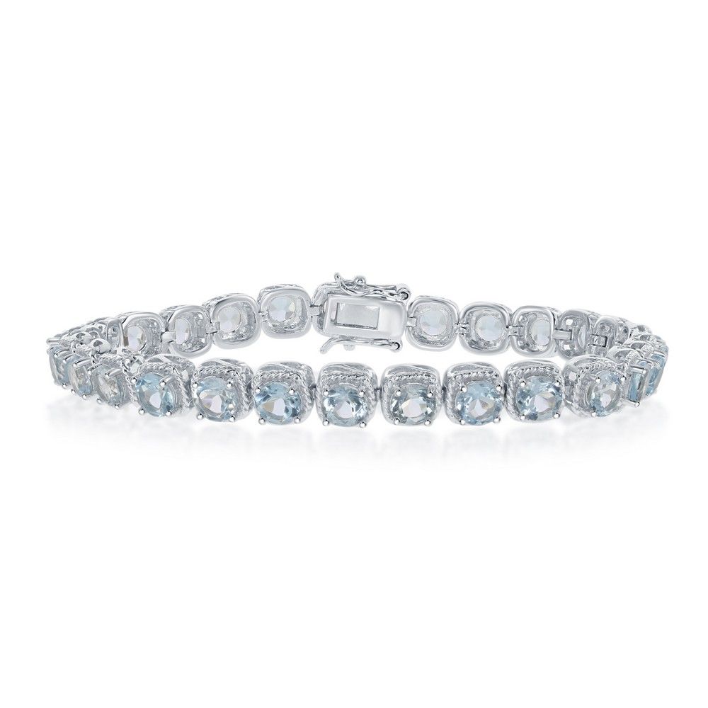 Silver Round Blue Topaz Rope Boarder Bracelet