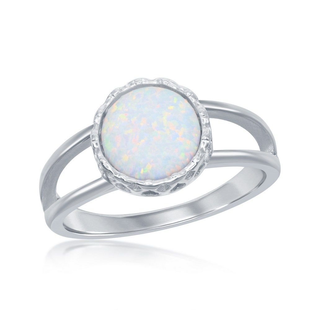 Silver Round Created White Opal Ring