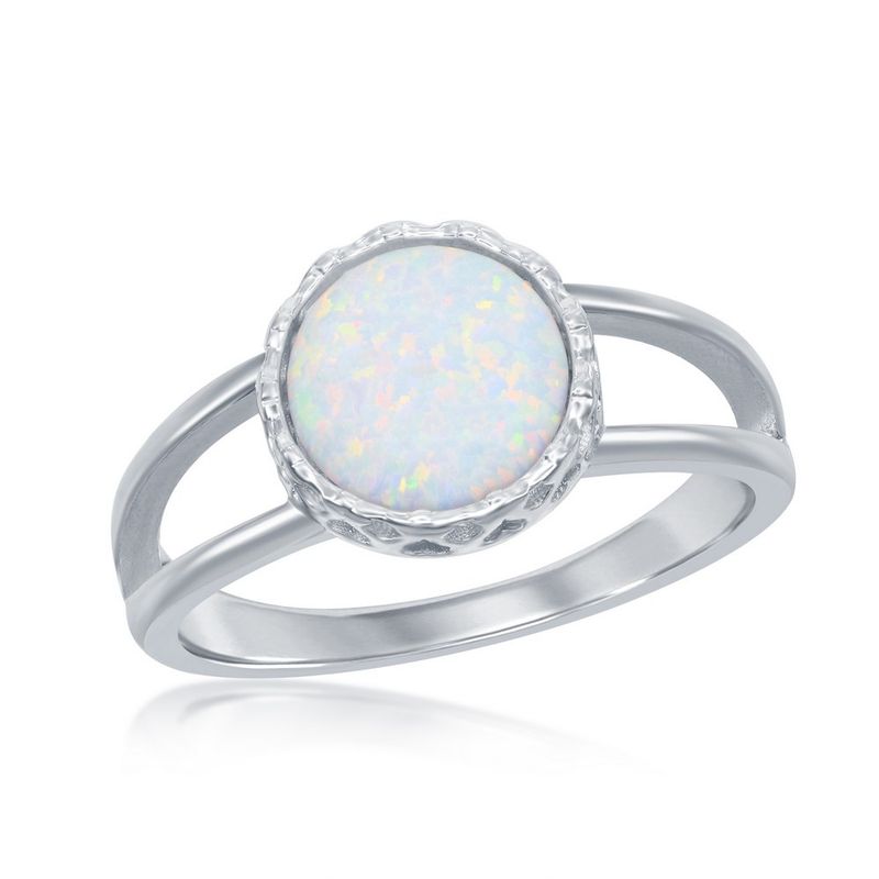 Silver Round Created White Opal Ring