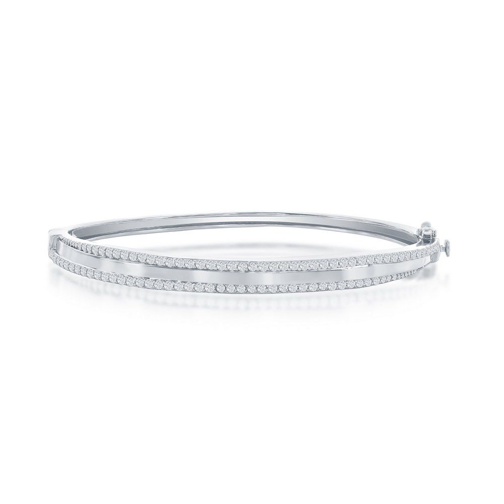 Silver Round Cubic Zirconia Hinged Bangle
