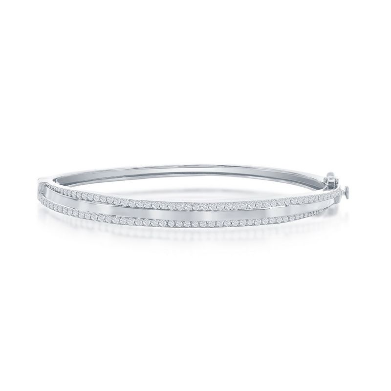 Silver Round Cubic Zirconia Hinged Bangle