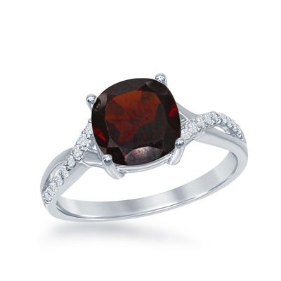 Silver Cushion Garnet White Topaz Accent Twist Ring