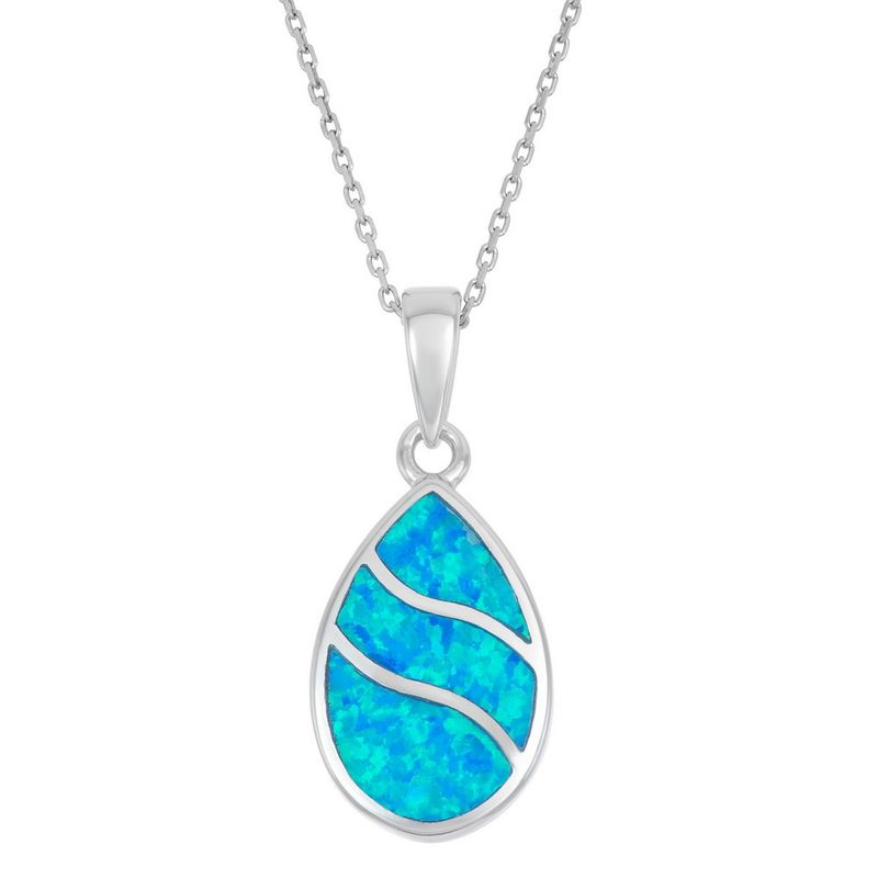 Silver Created Blue Opal Inlay Wavy Teardrop Necklace