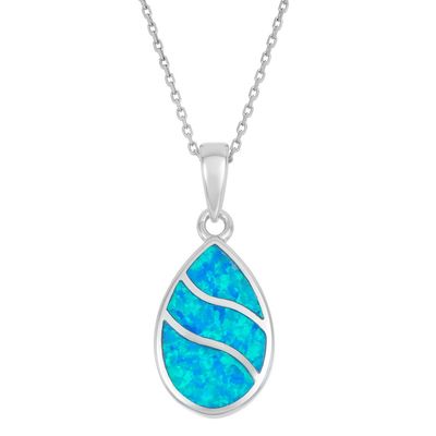Silver Created Blue Opal Inlay Wavy Teardrop Necklace