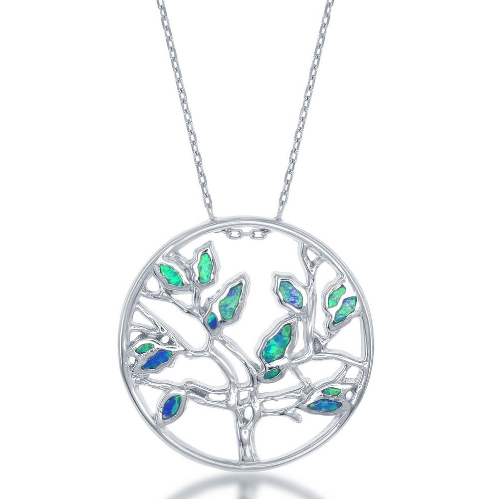 Silver Created Blue Opal Inlay Open Circle Tree Necklace