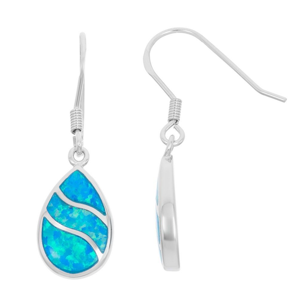 Silver Created Blue Opal Inlay Wavy Teardrop Earrings