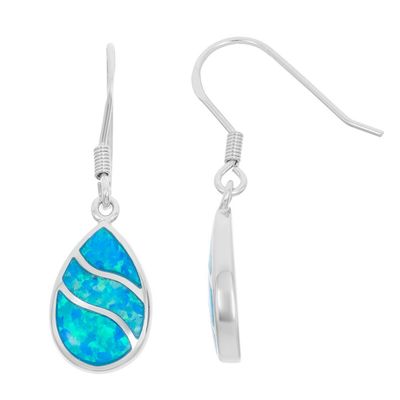 Silver Created Blue Opal Inlay Wavy Teardrop Earrings