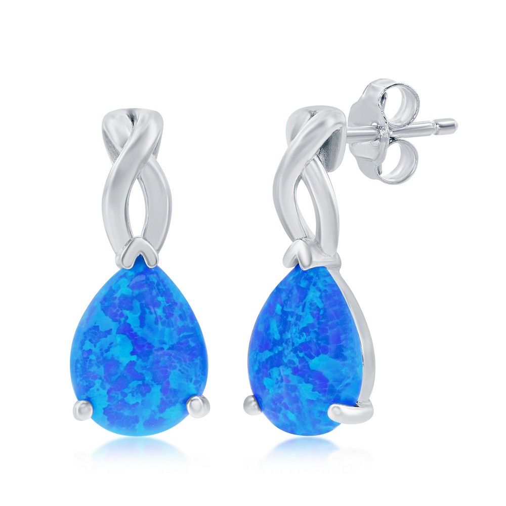 Silver Pear-Shape Created Blue Opal Earrings