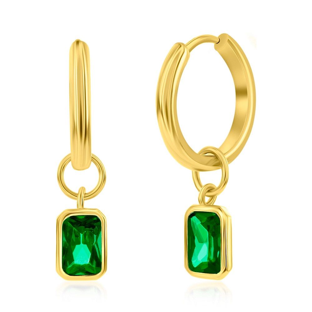 Gold-Plated Green Cubic Zirconia Charm Huggie Hoop Earrings
