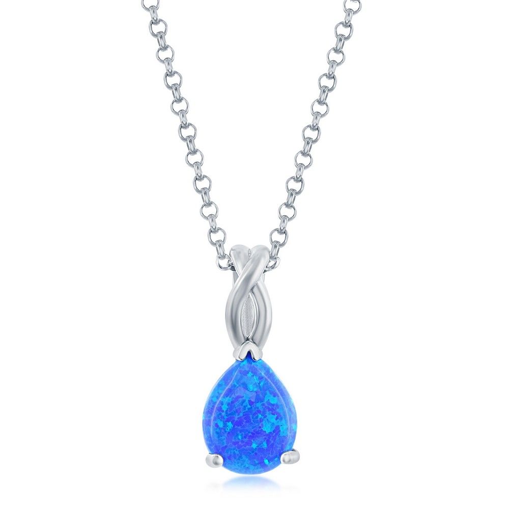 Silver Pear-Shape Created Blue Opal Necklace