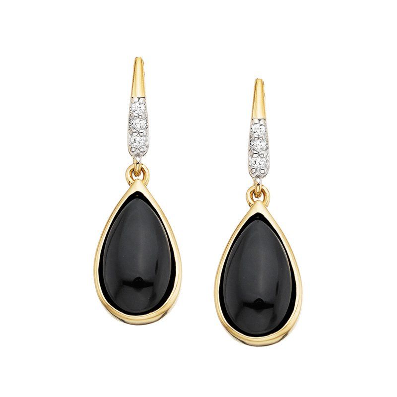 Gold-Plated Teardrop Black Onyx Round Diamond Accent Dangle Earrings
