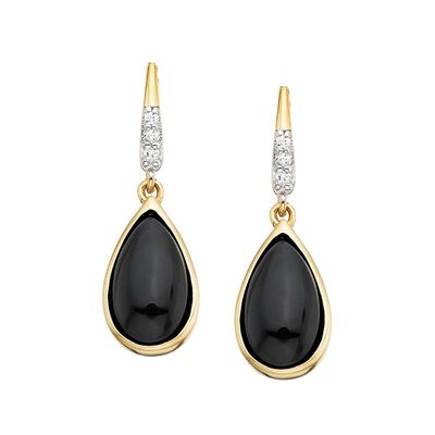 Gold-Plated Teardrop Black Onyx Round Diamond Accent Dangle Earrings